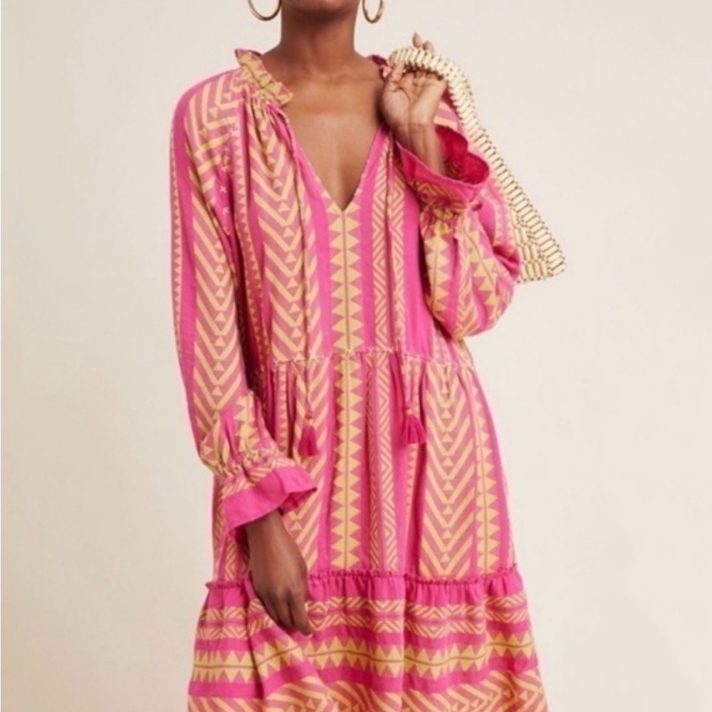 Anthropologie Pink and Yellow Patterned Midi Dress